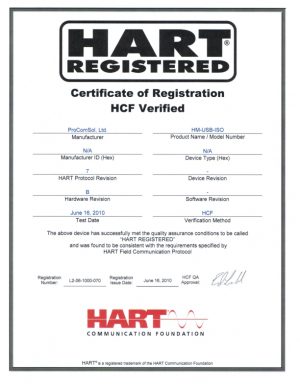 USB HART Modem HM-USB-ISO HART Registration Certificate